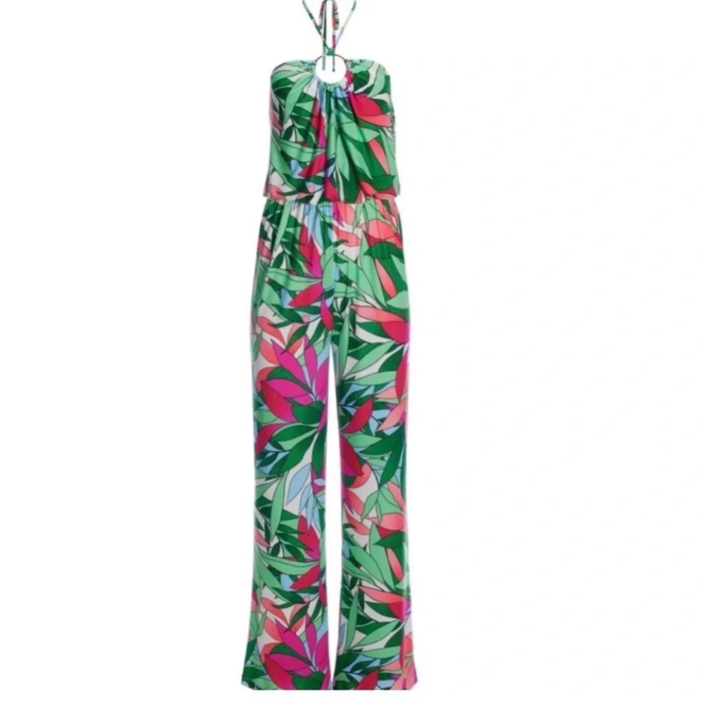 Boston Proper Tropical Palm Print Dela Halter Ring Jumpsuit‎ Sz S
